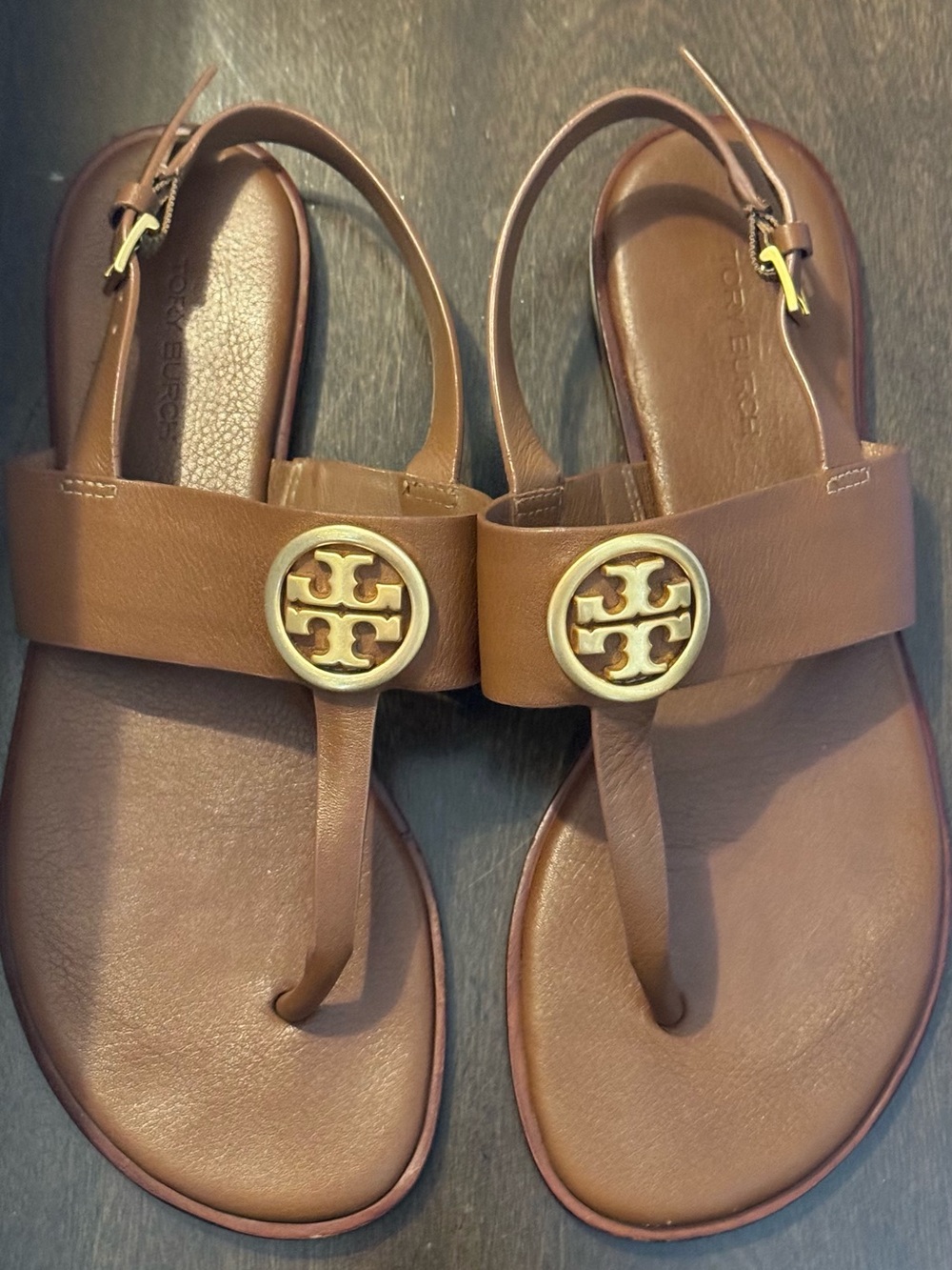 Tory Burch Chestnut Brown Leather Logo Thong Sandals